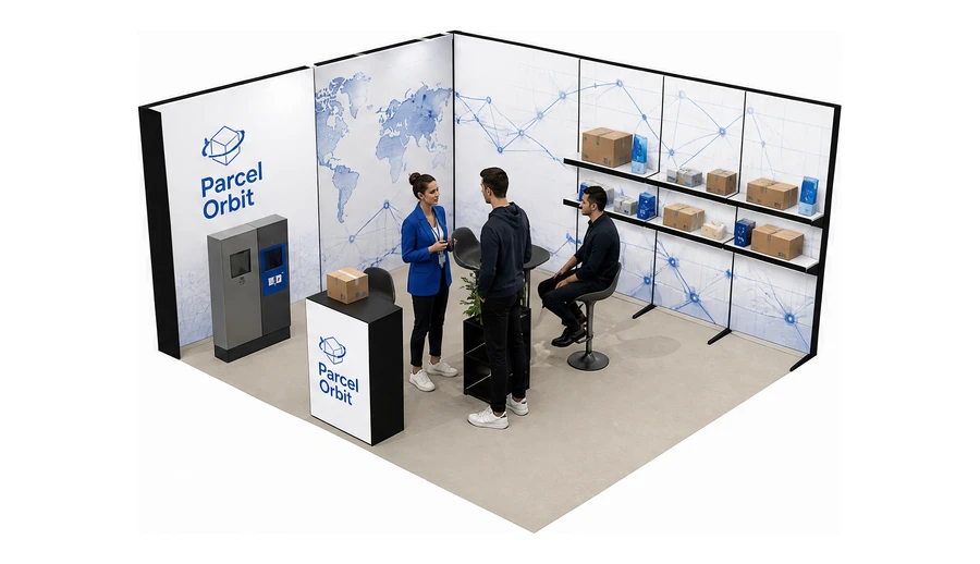 Stoisko 5 × 4 m narożne lewe dla branży e-commerce, przykładowa marka Parcel Orbit