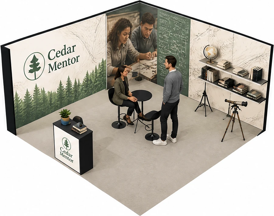 Stoisko 5 × 5 m narożne lewe dla branży edukacja i szkolenia, przykładowa marka Cedar Mentor