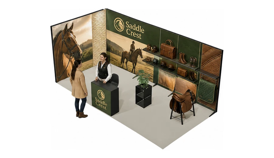 Stoisko 6 × 3 m narożne lewe dla branży jeździectwo, przykładowa marka Saddle Crest