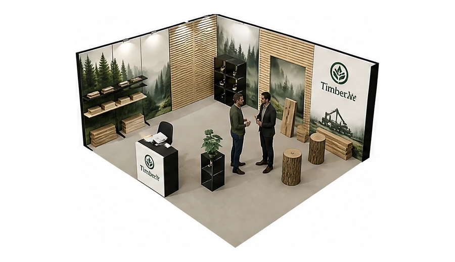 Stoisko 6 × 5 m narożne lewe dla branży leśnictwo i przemysł drzewny, przykładowa marka Timber Vale