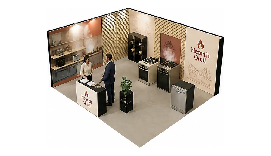 Stoisko 6 × 5 m narożne lewe dla branży sprzęt kuchenny i AGD, przykładowa marka Hearth Quill
