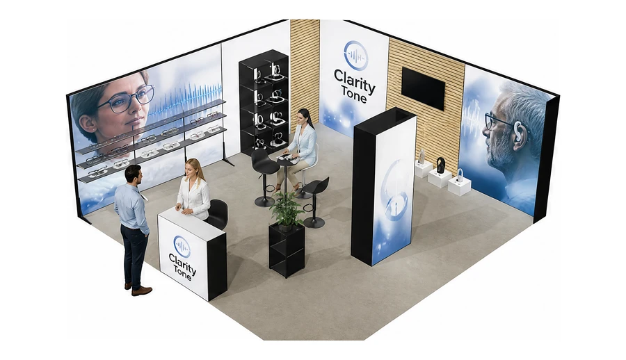 Stoisko 6 × 6 m narożne lewe dla branży optyka i audiologia, przykładowa marka Clarity Tone