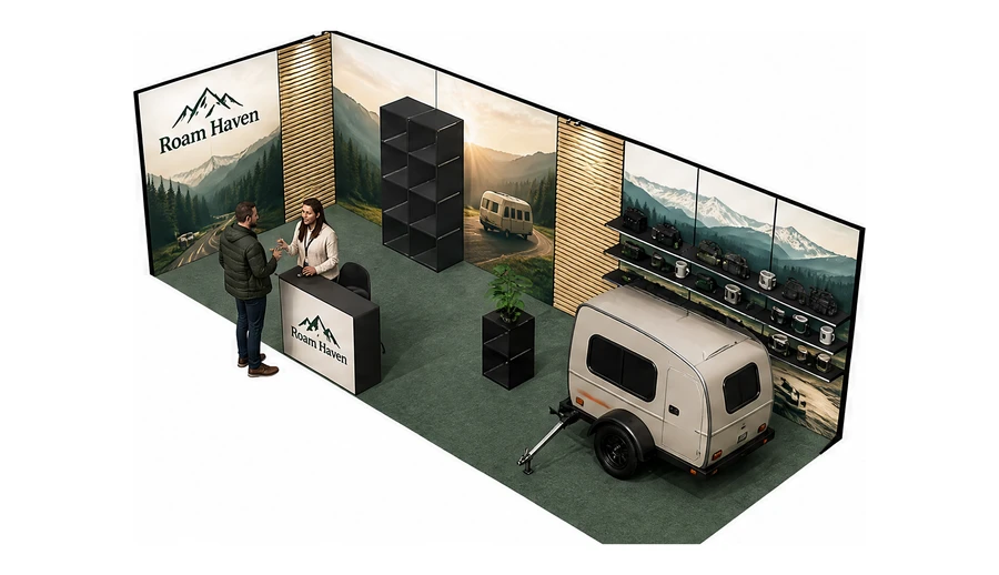Stoisko 8 × 3 m narożne lewe dla branży caravaning i kampery, przykładowa marka Roam Haven