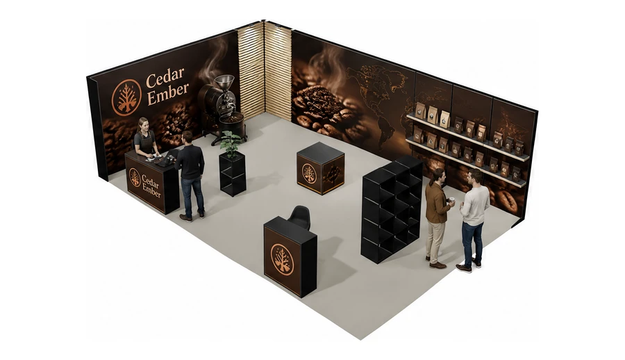 Stoisko 8 × 5 m narożne lewe dla branży palarnia kawy, przykładowa marka Cedar Ember
