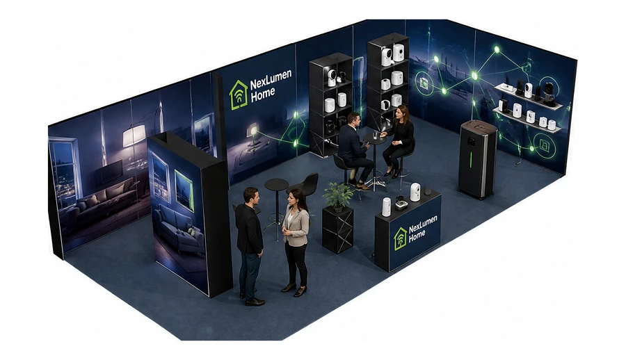 Stoisko 10 × 5 m narożne prawe dla branży smart home i IoT, przykładowa marka NexLumen Home