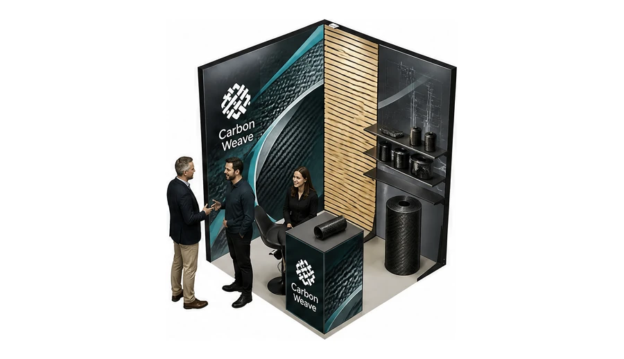 Stoisko 2 × 2 m narożne prawe dla branży materiały kompozytowe, przykładowa marka Carbon Weave