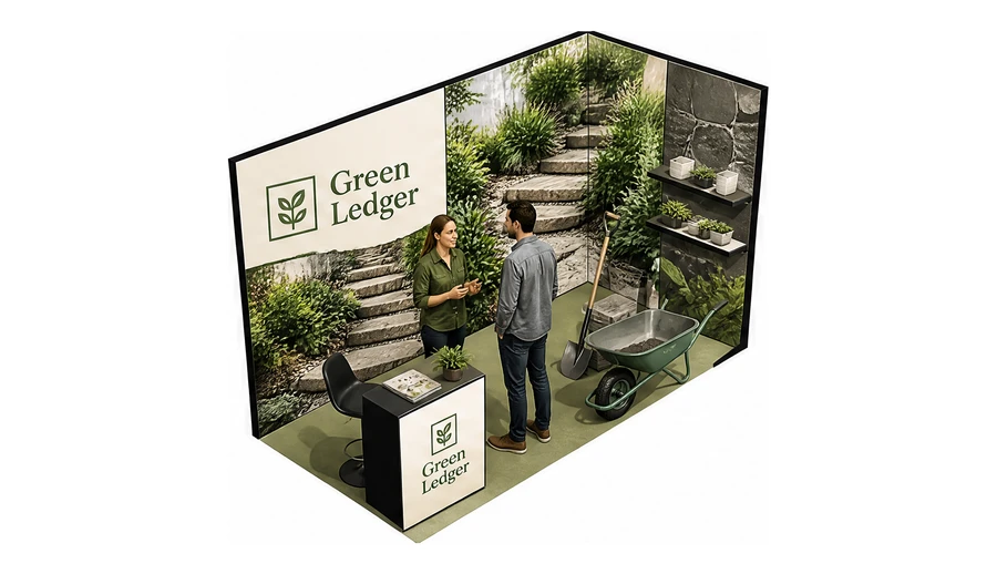 Stoisko 4 × 2 m narożne prawe dla branży ogród i architektura krajobrazu, przykładowa marka Green Ledger