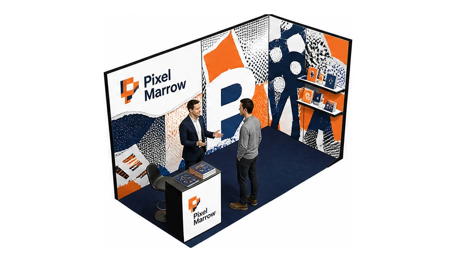 Stoisko 4 × 2 m narożne prawe dla branży reklama i druk, przykładowa marka Pixel Marrow