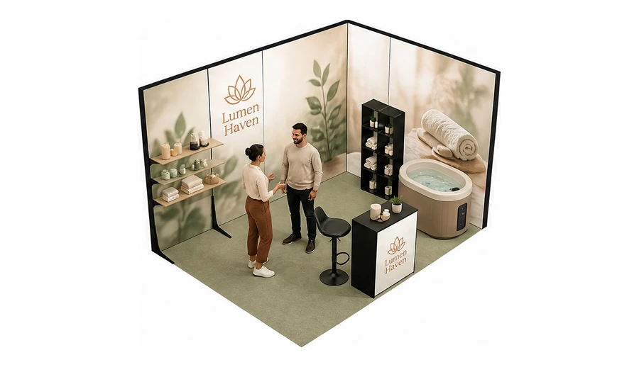 Stoisko 4 × 3 m narożne prawe dla branży spa i wellness, przykładowa marka Lumen Haven