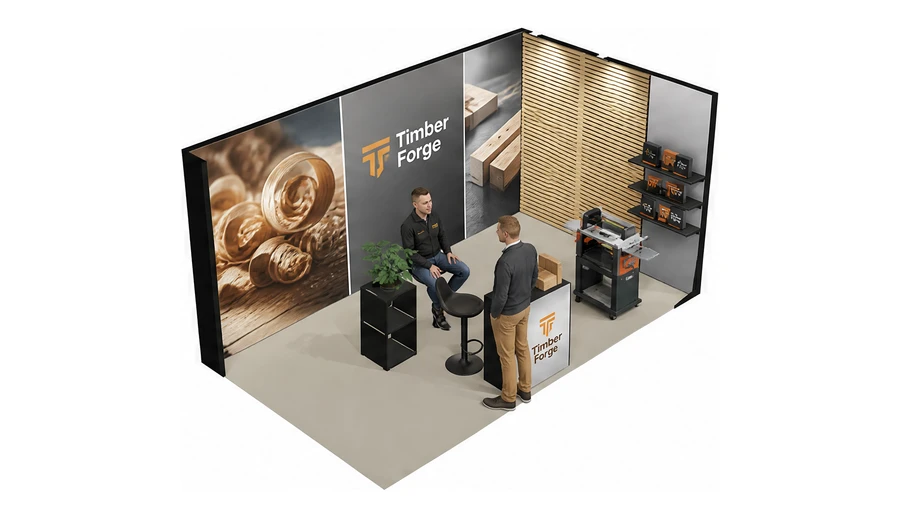 Stoisko 5 × 3 m narożne prawe dla branży maszyny do obróbki drewna, przykładowa marka Timber Forge
