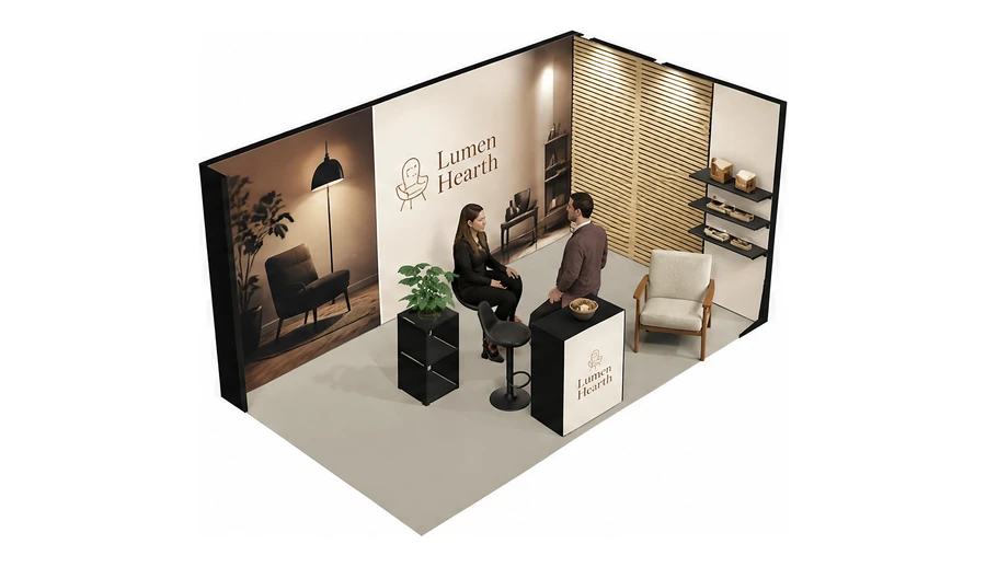 Stoisko 5 × 3 m narożne prawe dla branży meble designerskie, przykładowa marka Lumen Hearth