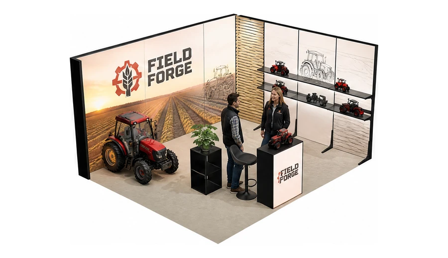 Stoisko 5 × 4 m narożne prawe dla branży maszyny rolnicze, przykładowa marka Field Forge