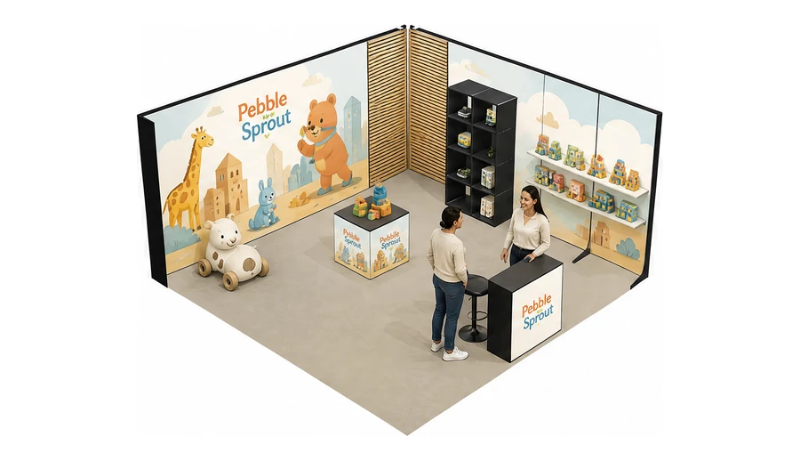 Stoisko 5 × 5 m narożne prawe dla branży zabawki i artykuły dziecięce, przykładowa marka Pebble Sprout