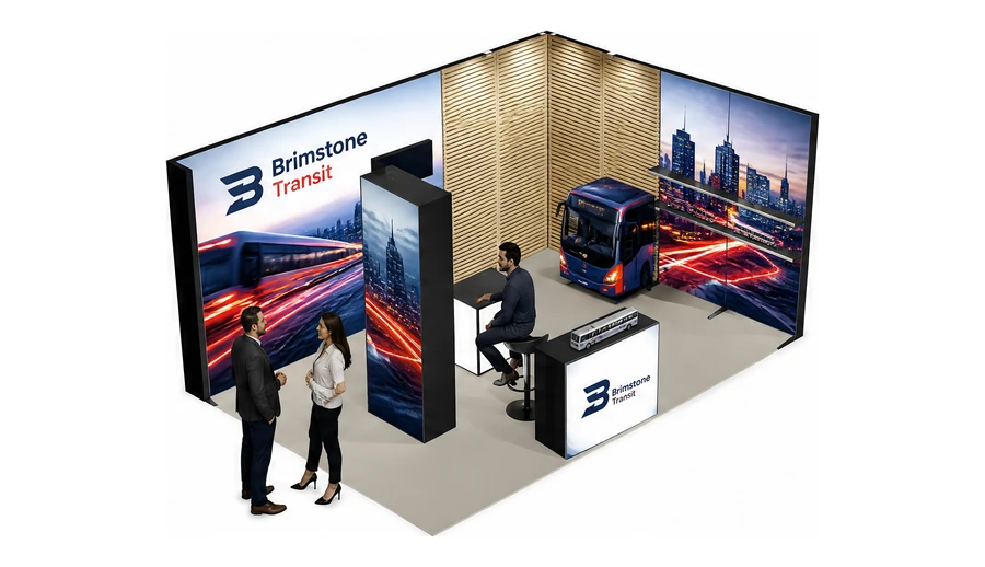 Stoisko 6 × 4 m narożne prawe dla branży autobusy i transport zbiorowy, przykładowa marka Brimstone Transit