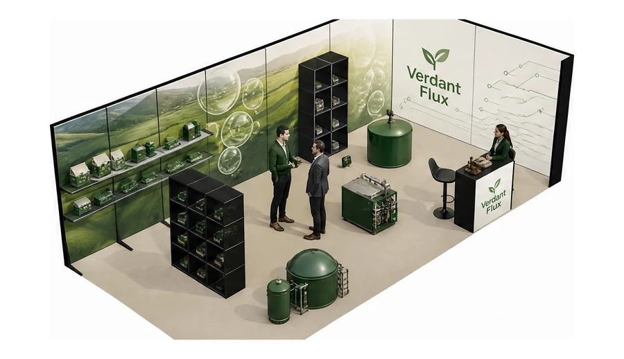 Stoisko 8 × 4 m narożne prawe dla branży biogaz i OZE, przykładowa marka Verdant Flux