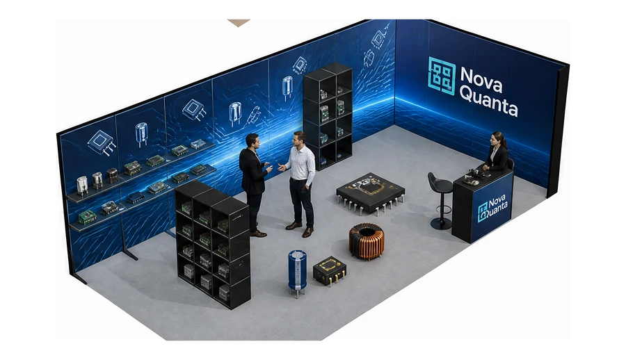 Stoisko 8 × 4 m narożne prawe dla branży komponenty elektroniczne, przykładowa marka Nova Quanta