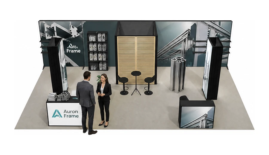 Stoisko 10 × 5 m półwyspowe dla branży profile aluminiowe, przykładowa marka Auron Frame
