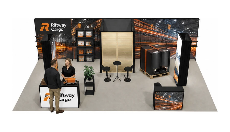 Stoisko 10 × 5 m półwyspowe dla branży logistyka i spedycja, przykładowa marka Riftway Cargo