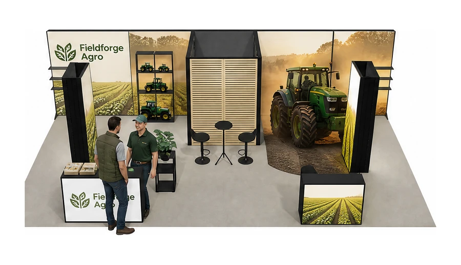 Stoisko 10 × 5 m półwyspowe dla branży maszyny rolnicze, przykładowa marka Fieldforge Agro