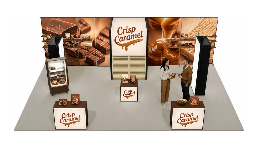 Stoisko 10 × 6 m półwyspowe dla branży słodycze i przekąski, przykładowa marka Crisp Caramel
