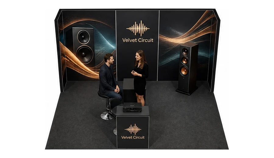 Stoisko 5 × 4 m półwyspowe dla branży sprzęt audio-video, przykładowa marka Velvet Circuit