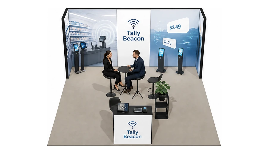 Stoisko 5 × 5 m półwyspowe dla branży technologie dla handlu, przykładowa marka Tally Beacon