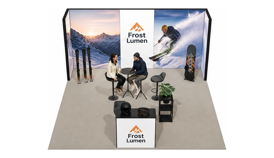 Stoisko 5 × 5 m półwyspowe dla branży narciarstwo i sporty zimowe, przykładowa marka Frost Lumen