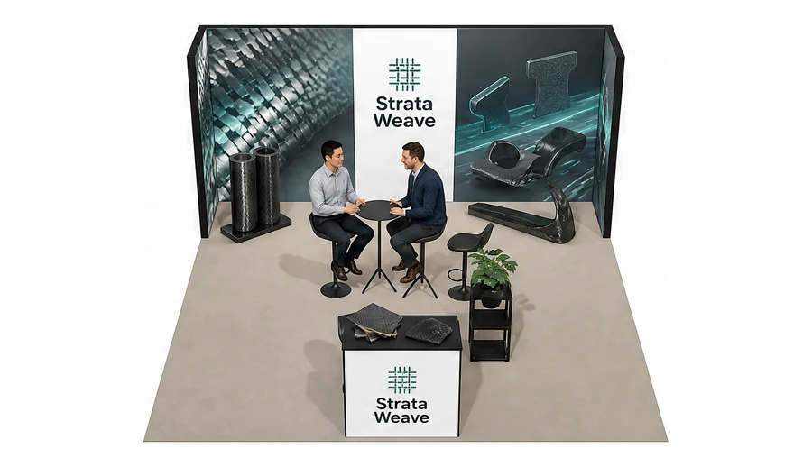 Stoisko 5 × 5 m półwyspowe dla branży materiały kompozytowe, przykładowa marka Strata Weave