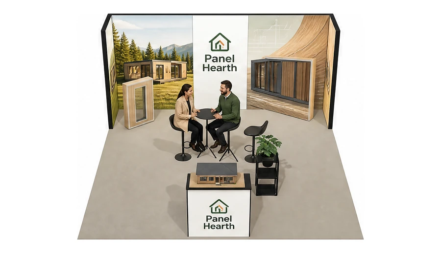 Stoisko 5 × 5 m półwyspowe dla branży domy modułowe i prefabrykacja, przykładowa marka Panel Hearth