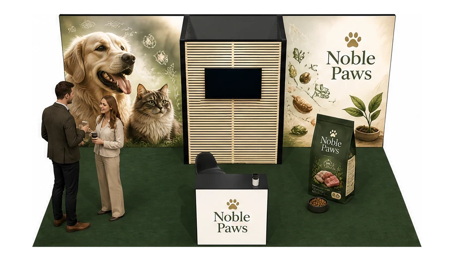 Stoisko 6 × 4 m półwyspowe dla branży karma dla zwierząt, przykładowa marka Noble Paws