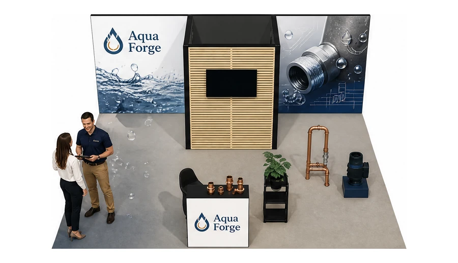 Stoisko 6 × 6 m półwyspowe dla branży instalacje wodno-kanalizacyjne, przykładowa marka Aqua Forge