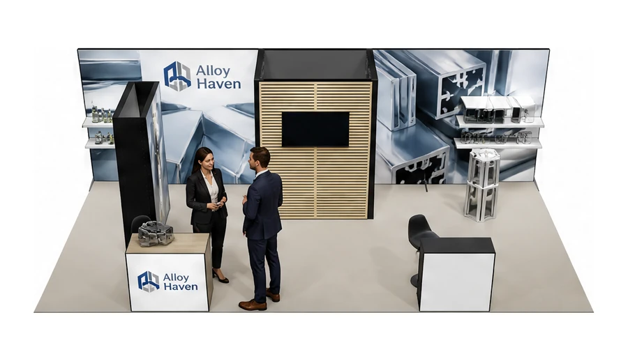 Stoisko 8 × 4 m półwyspowe dla branży profile aluminiowe, przykładowa marka Alloy Haven