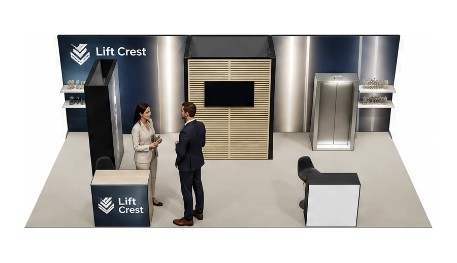 Stoisko 8 × 4 m półwyspowe dla branży dźwigi i windy, przykładowa marka Lift Crest