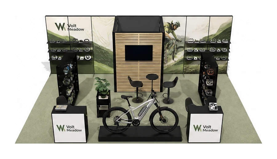 Stoisko 8 × 5 m półwyspowe dla branży rowery elektryczne (przykładowa marka Volt Meadow)