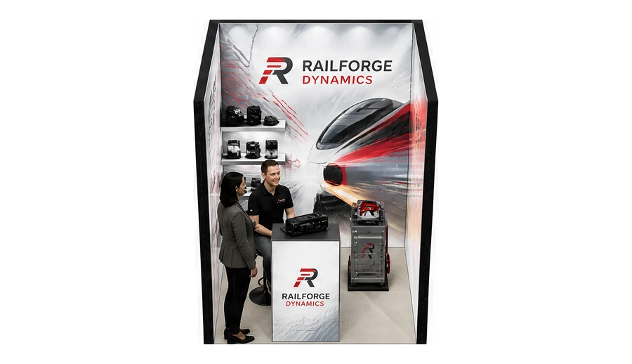Stoisko 2 × 2 m szeregowe dla branży kolej i tabor, przykładowa marka Railforge Dynamics