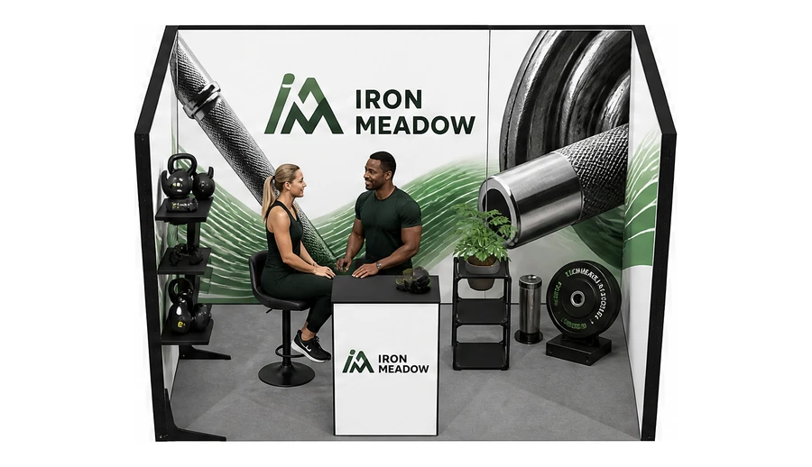 Stoisko 3 × 2 m szeregowe dla branży fitness i siłownie, przykładowa marka Iron Meadow