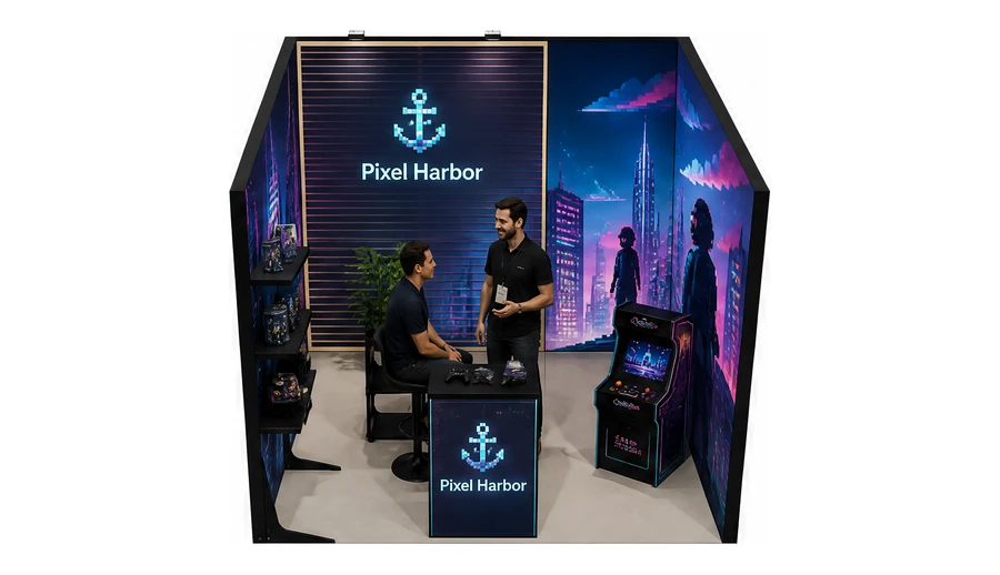 Stoisko 3 × 3 m szeregowe dla branży gry wideo, przykładowa marka Pixel Harbor