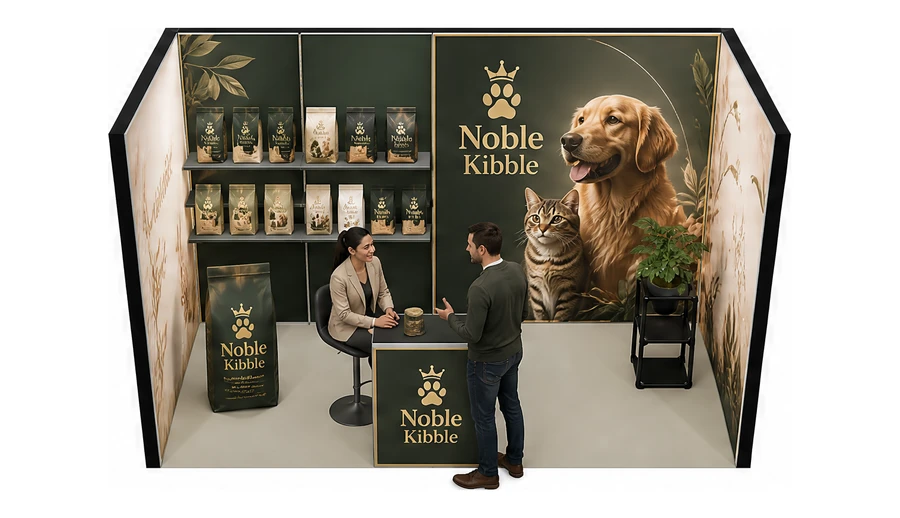 Stoisko 4 × 2 m szeregowe dla branży karma dla zwierząt, przykładowa marka Noble Kibble