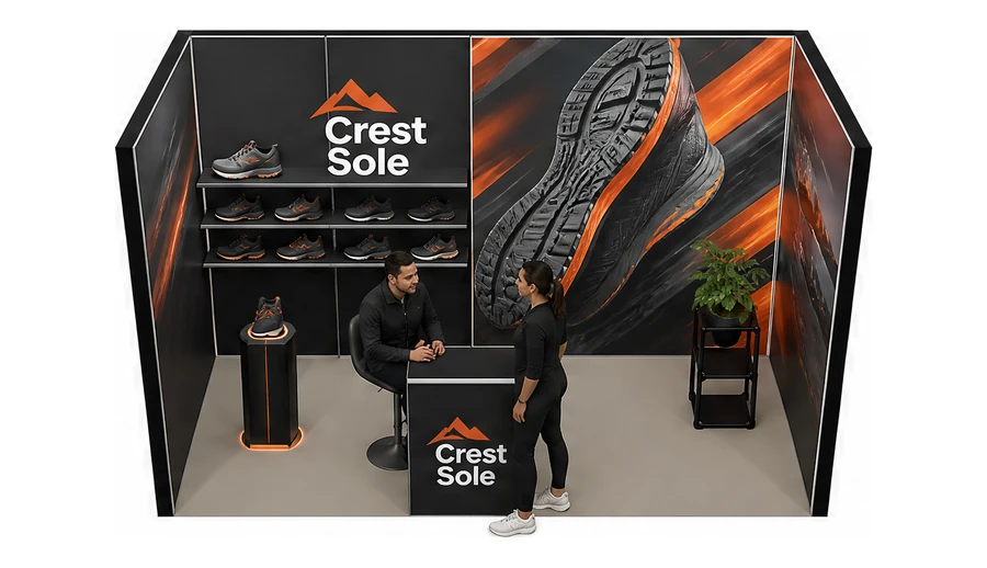 Stoisko 4 × 2 m szeregowe dla branży obuwie, przykładowa marka Crest Sole