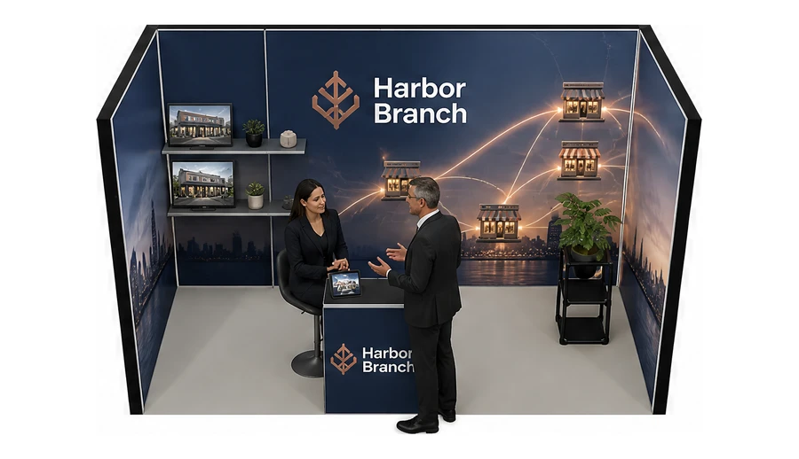 Stoisko 4 × 2 m szeregowe dla branży franczyza i sieci, przykładowa marka Harbor Branch