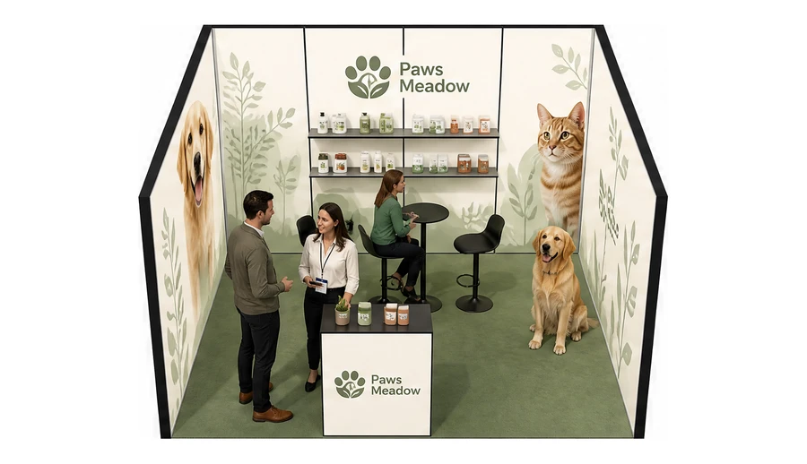 Stoisko 4 × 4 m szeregowe dla branży weterynaria, przykładowa marka Paws Meadow