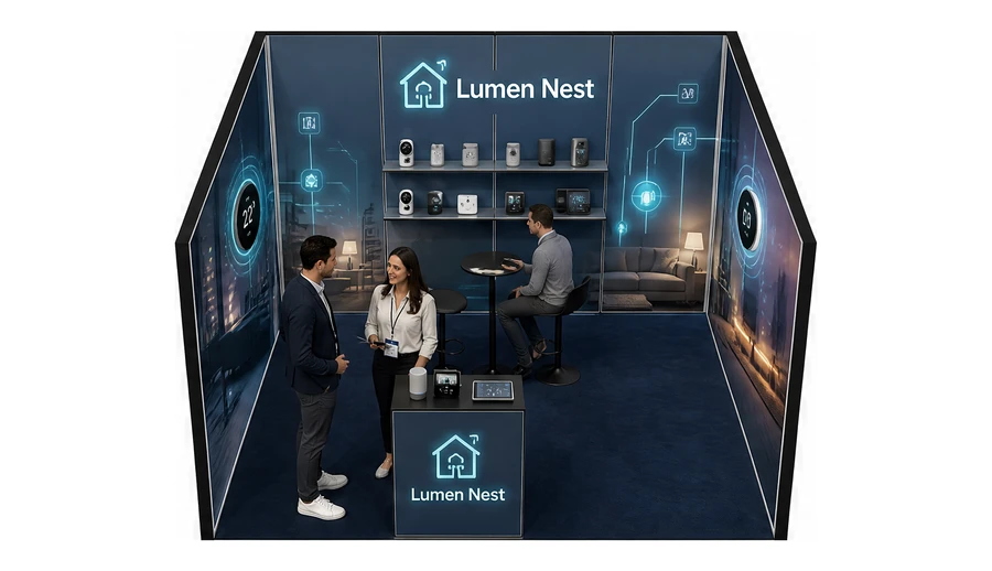 Stoisko 4 × 4 m szeregowe dla branży smart home i IoT, przykładowa marka Lumen Nest