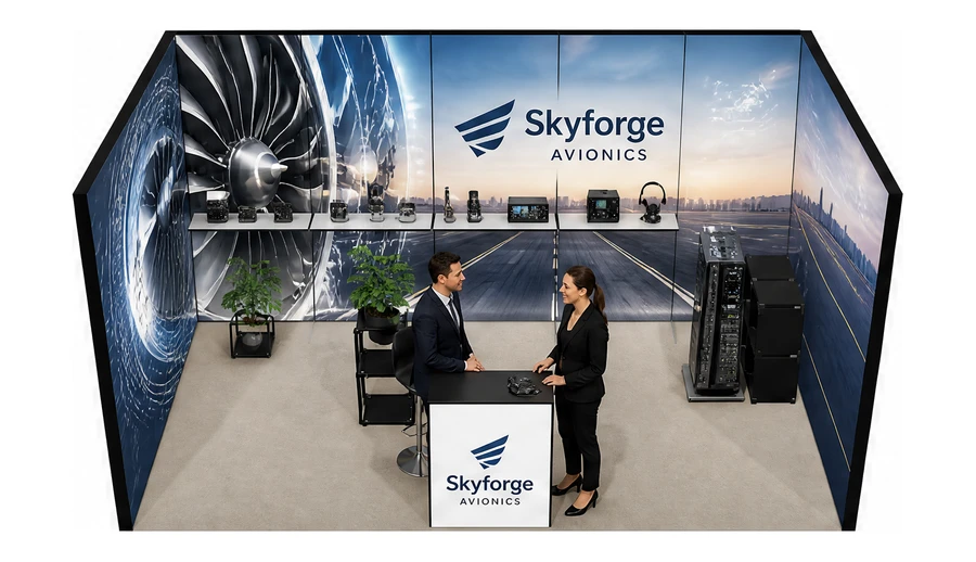 Stoisko 5 × 3 m szeregowe dla branży lotnictwo, przykładowa marka Skyforge Avionics