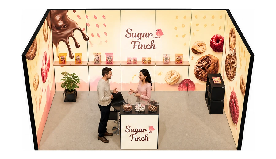 Stoisko 5 × 3 m szeregowe dla branży słodycze i przekąski, przykładowa marka Sugar Finch
