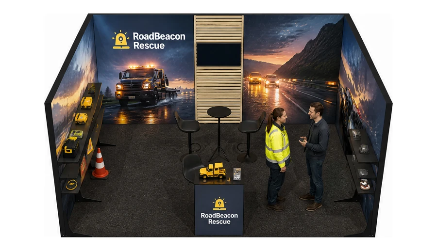 Stoisko 5 × 4 m szeregowe dla branży pomoc drogowa i lawety, przykładowa marka RoadBeacon Rescue