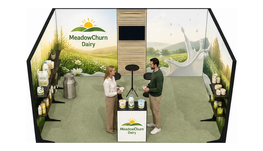 Stoisko 5 × 4 m szeregowe dla branży nabiał i mleczarstwo, przykładowa marka MeadowChurn Dairy