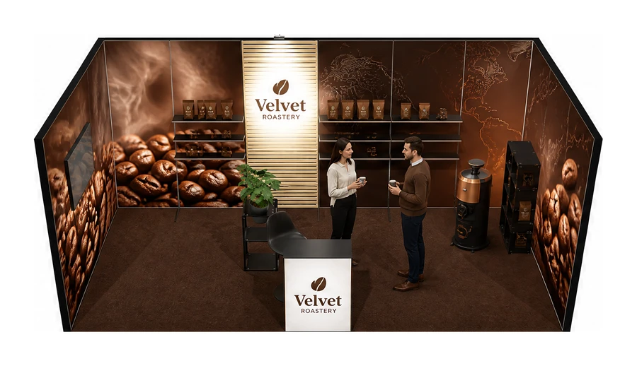 Stoisko 6 × 3 m szeregowe dla branży palarnia kawy, przykładowa marka Velvet Roastery