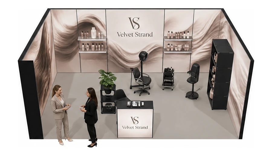 Stoisko 6 × 4 m szeregowe dla branży fryzjerstwo i salony beauty, przykładowa marka Velvet Strand