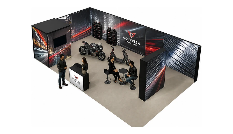 Stoisko 10 × 6 m narożne lewe dla branży motocykle i skutery, przykładowa marka Vortex Radian