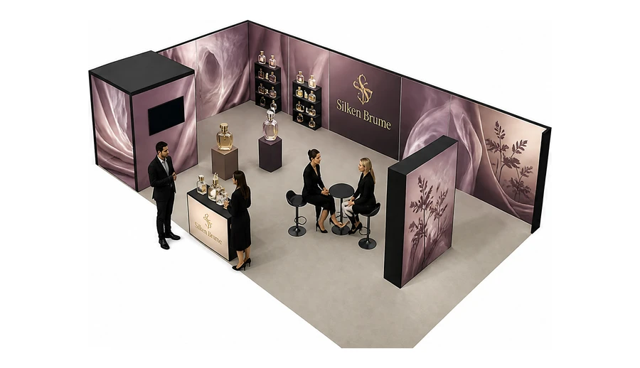 Stoisko 10 × 6 m narożne lewe dla branży perfumy, przykładowa marka Silken Brume